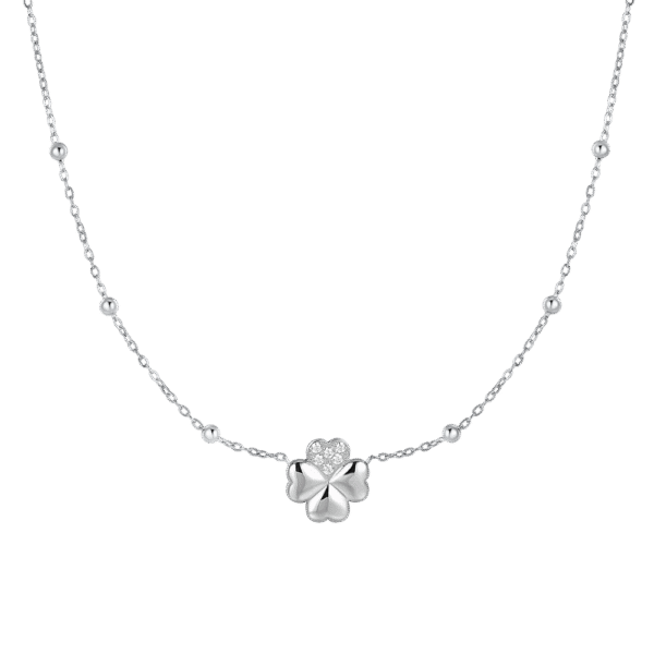 COLLANA DONNA IN ACCIAIO CON QUADRIFOGLIO E PUNTI LUCE IN ZIRCONE BIANCO LUCA BARRA
