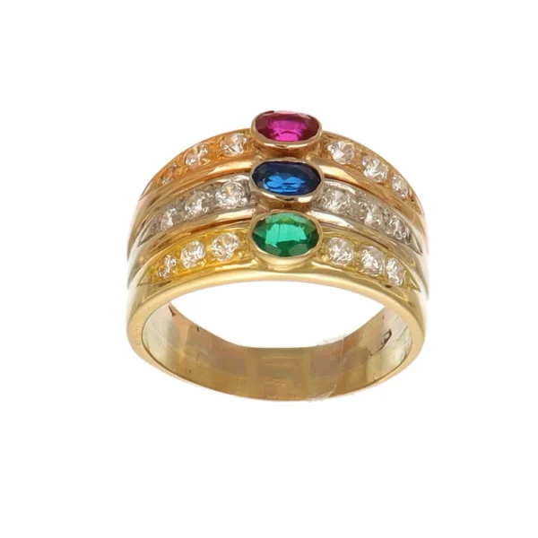 ANELLO TRE ORI FASCIA CON ZIRCONI COLORATI