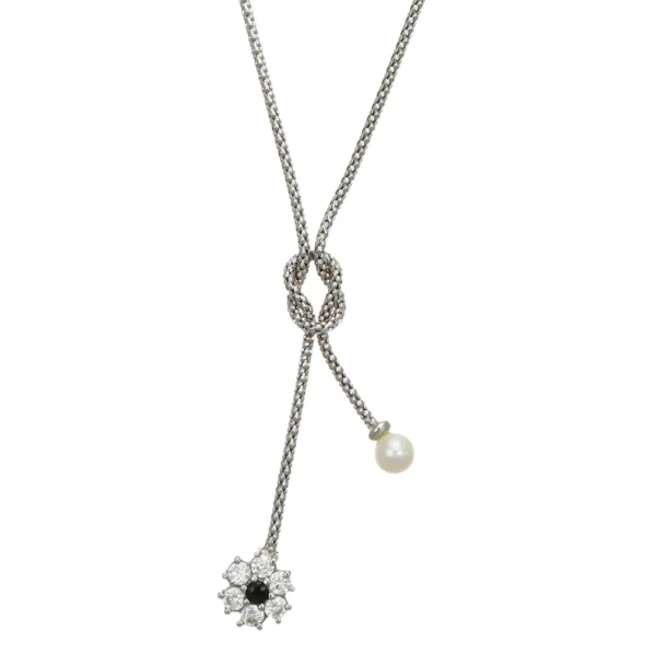 COLLANA ORO BIANCO CON PERLA E FIORE CON ZIRCONI