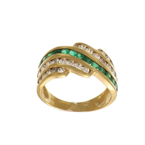 ANELLO ORO GIALLO FASCIA CON ZIRCONI BIANCHI E VERDI