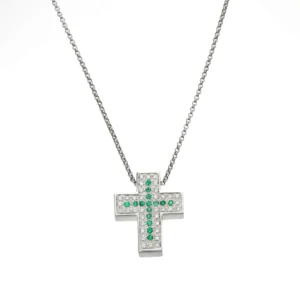 COLLANA ORO BIANCO CON CIONDOLO CROCE CON DIAMANTI E SMERALDI MAJESTE