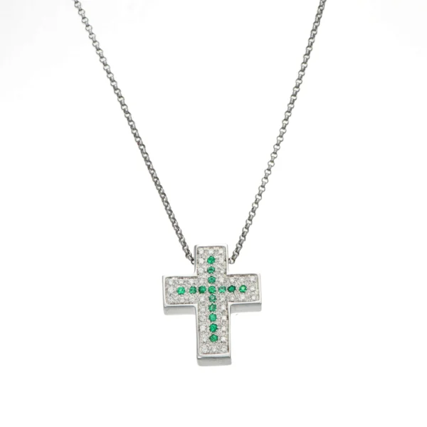 COLLANA ORO BIANCO CON CIONDOLO CROCE CON DIAMANTI E SMERALDI MAJESTE