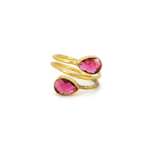 ANELLO OTTONE DUE GOCCE QUARZO IDROTERMALE ROSA FUCSIA KLK