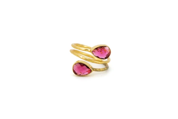 ANELLO OTTONE DUE GOCCE QUARZO IDROTERMALE ROSA FUCSIA KLK