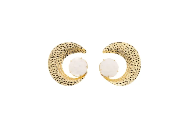 Orecchini ottone lucido mezza luna bianca