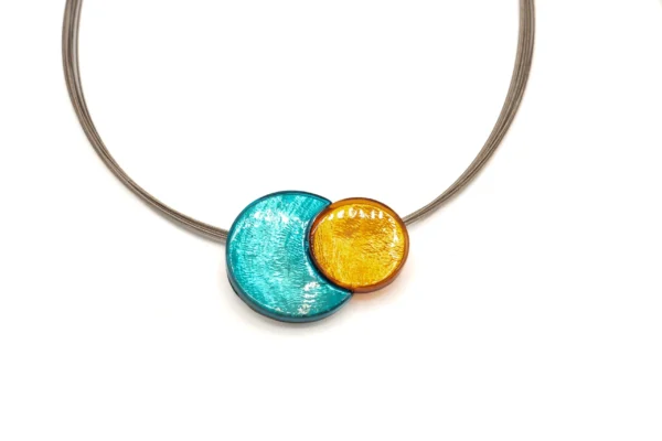COLLANA FILI ACCIAIO MET.ZAMA 2 TONDI RESINA E MADRE PERLA turchese+aran