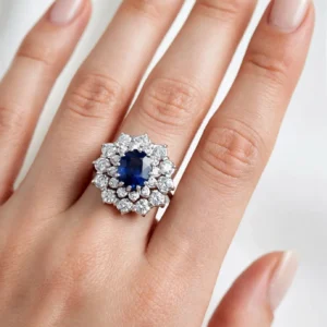 anello oro bianco con diamante e zaffiro blu