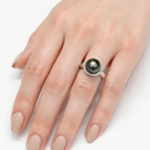 anello oro bianco damiani con perla grigia tahiti e diamanti kt 0.90 tot g vs1