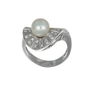 ANELLO ORO BIANCO CON PERLA E DIAMANTI NIMEI KT 0.01X11 + 0.02X11