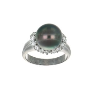 ANELLO ORO BIANCO DAMIANI CON PERLA GRIGIA TAHITI E DIAMANTI KT 0.90 TOT G VS1