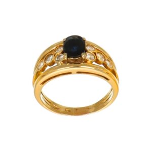ANELLO ORO GIALLO CON ZAFFIRO BLU TAGLIO OVALE KT 1.20 E DIAMANTI KT 0.05X6+0.07X2 G VS1