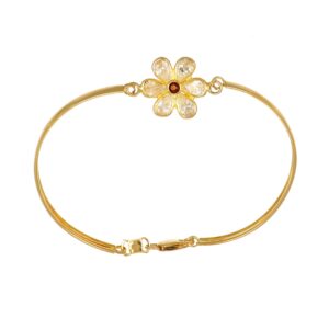 BRACCIALE ORO GIALLO RIGIDO CON FIORE CENTRALE CON ZIRCONI B E ROSSI