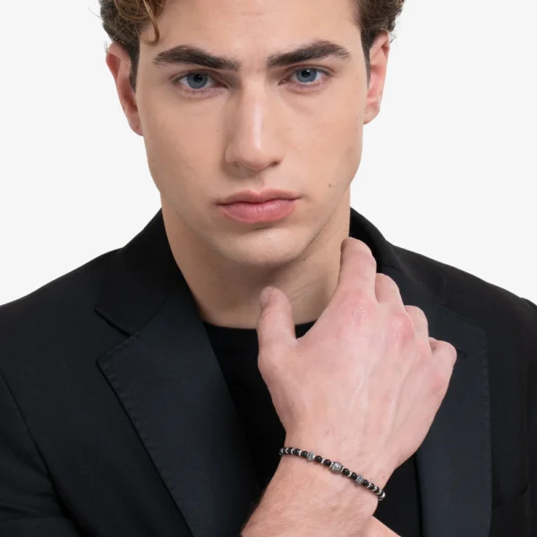 Luca Barra bracciale catena con elementi effetto vintage e sfere nere