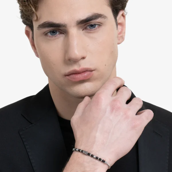 Luca Barra bracciale catena con elementi effetto vintage e sfere nere