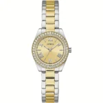 GUESS orologio al quarzo con zirconi, a quadrante champagne e cinturino dorato