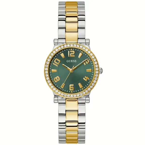 GUESS orologio con zirconi bianco, quadrante verde, cinturino dorato 32mm