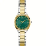 GUESS orologio con zirconi bianchi a quadrante verde e cinturino dorato