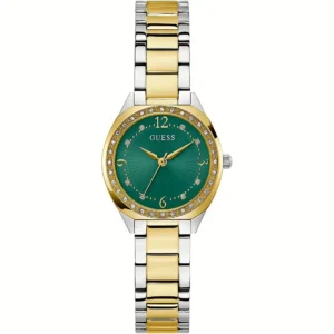 GUESS orologio con zirconi bianchi a quadrante verde e cinturino dorato