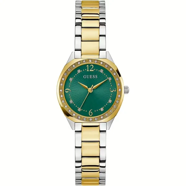 GUESS orologio con zirconi bianchi a quadrante verde e cinturino dorato