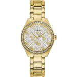 GUESS orologio con zirconi a quadrante bianco glitter cinturino acciaio dorato