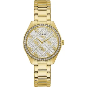 GUESS orologio con zirconi a quadrante bianco glitter cinturino acciaio dorato