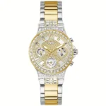 GUESS orologio multifunzione a zirconi bianchi con quadrante argento