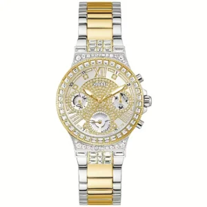 GUESS orologio multifunzione a zirconi bianchi con quadrante argento
