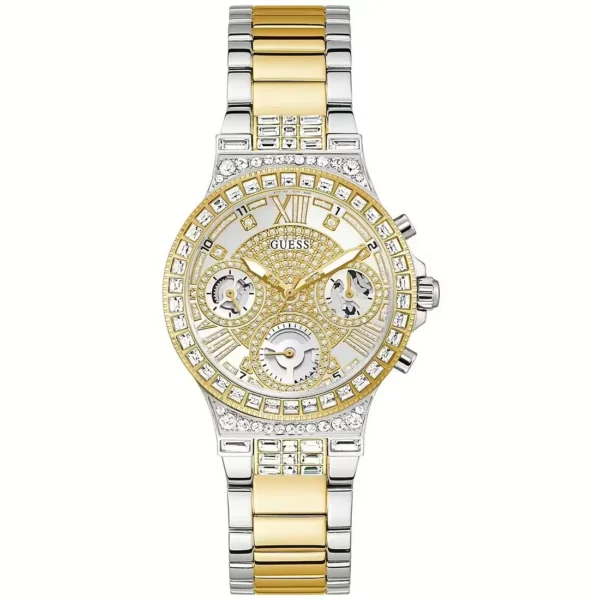 GUESS orologio multifunzione a zirconi bianchi con quadrante argento