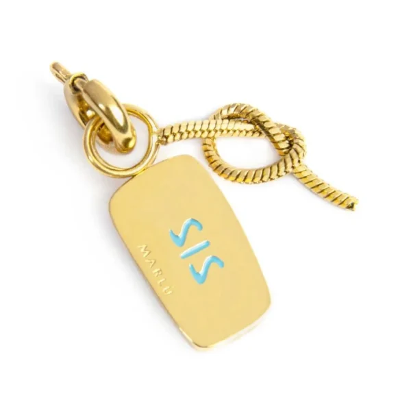 Marlù charm dorato doppio con nodo e scritta "SORELLA" su smalto azzurro