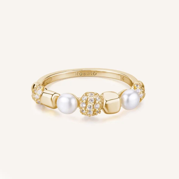 Rosato anello fedina argento 925 dorato con perle e zirconia