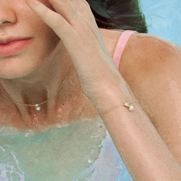 Rosato bracciale a catena argento 925 oro giallo, zirconi e perla naturale