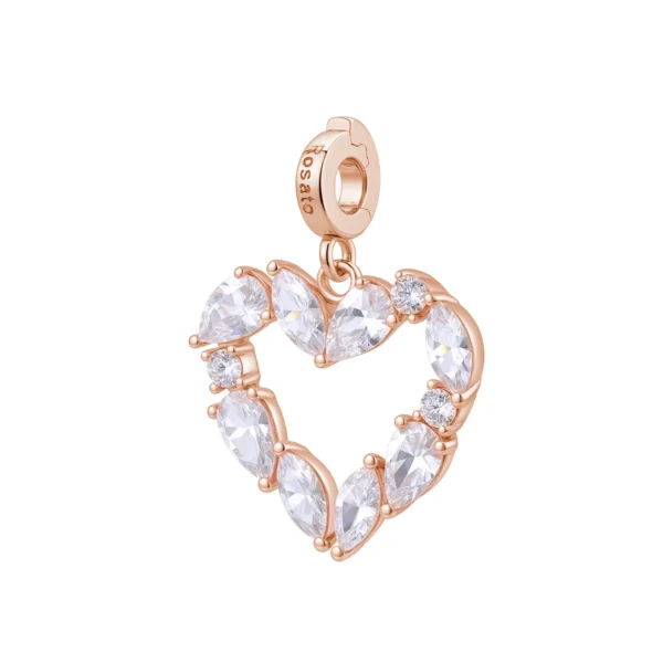 Rosato charm cuore argento 925 placcatura oro rosa zirconi bianchi