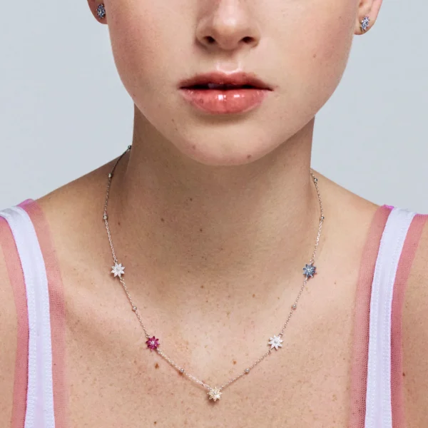 Rosato collana catena Gaia argento 925 zirconi fiore rubi, blu e champagne