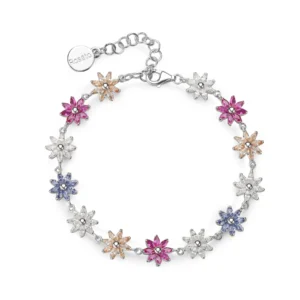 Rosato bracciale catena gaia argento 925 zirconi fiore rubini, blu e champagne