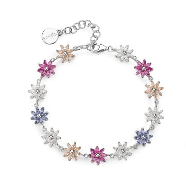 Rosato bracciale catena gaia argento 925 zirconi fiore rubini, blu e champagne