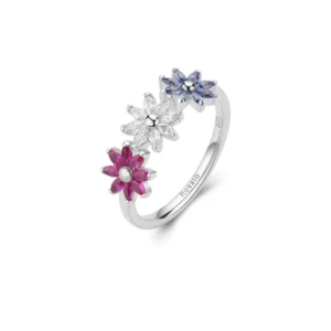 Rosato anello Gaia con fiori in argento 925 e zirconi bianchi, blu e ruby