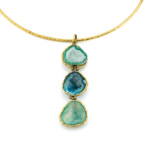 CHOKER OTTONE TRE PIETRE PENDENTI GEODE VERDE E BLU