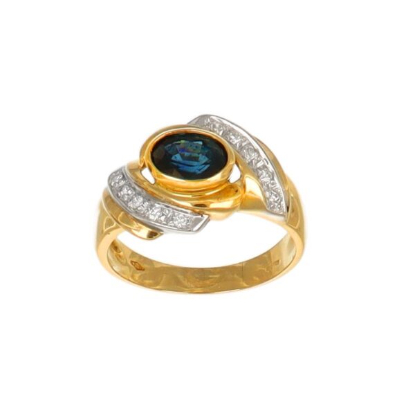 ANELLO DUE ORI CON DIAMANTI KT 0.01X10 E ZAFFIRO BLU