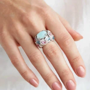 anello oro bianco con pietre semipreziose zirconi rosa e celesti