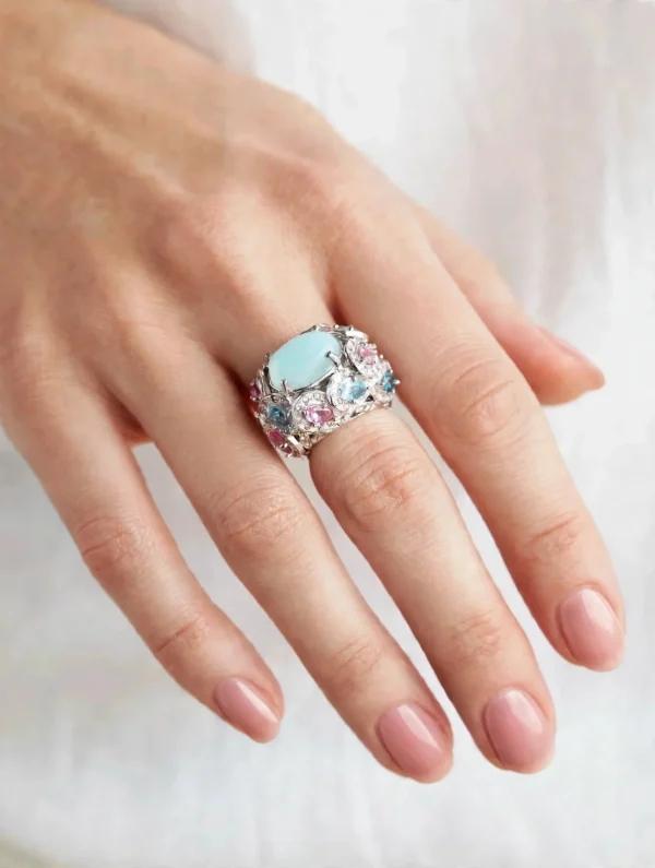 ANELLO ORO BIANCO CON PIETRE SEMIPREZIOSE ZIRCONI ROSA E CELESTI