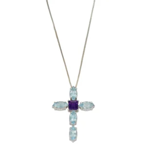 COLLANA ORO BIANCO CON CIONDOLO CROCE CON ZIRCONI COLORATI