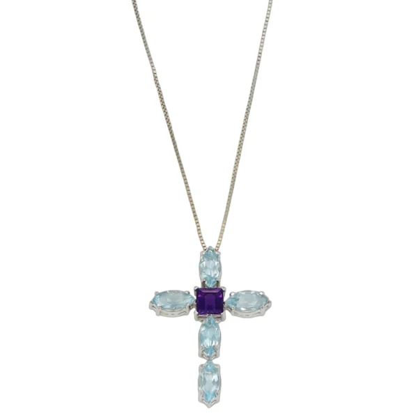 COLLANA ORO BIANCO CON CIONDOLO CROCE CON ZIRCONI COLORATI