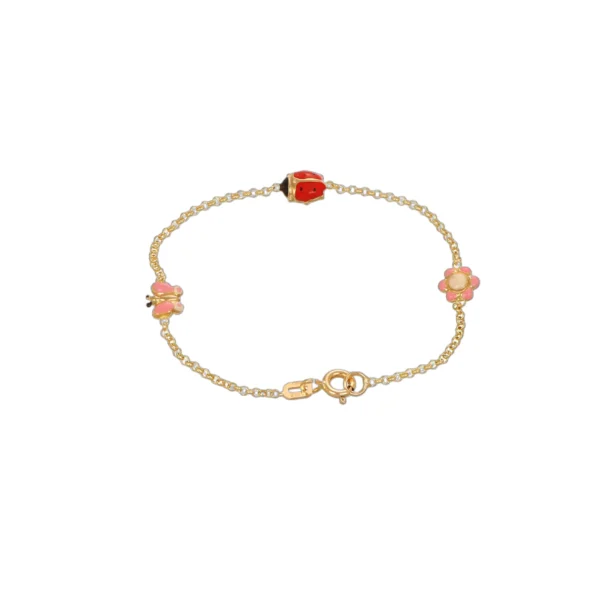 Bracciale oro giallo coccinella fiore e farfalla battesimo