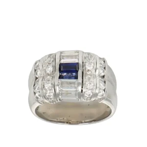 ANELLO ORO BIANCO FASCIA CON ZIRCONI BIANCHI E BLU TAGLIO BAGUETTE