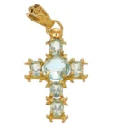 CIONDOLO ORO GIALLO CROCE CON ZIRCONE CELESTE TAGLIO BRIOLÈ E OVALI