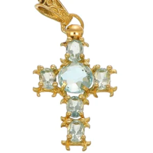 CIONDOLO ORO GIALLO CROCE CON ZIRCONE CELESTE TAGLIO BRIOLÈ E OVALI