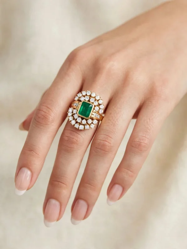 ANELLO ORO GIALLO CON DIAMANTI E SMERALDO TAGLIO RETTANGOLARE KT1.02