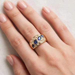 anello oro giallo fascia con diamanti e zaffiri blu carati tot. 0.28