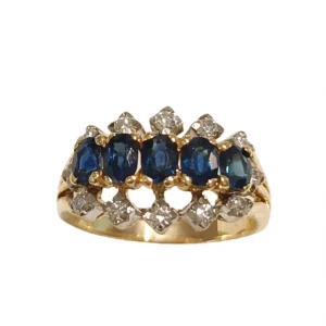 ANELLO ORO GIALLO 375 CON  ZAFF BLU TAGLIO OVALE  KT 0.60 E DIAMANTI KT 0.25+0.02 H/I VS