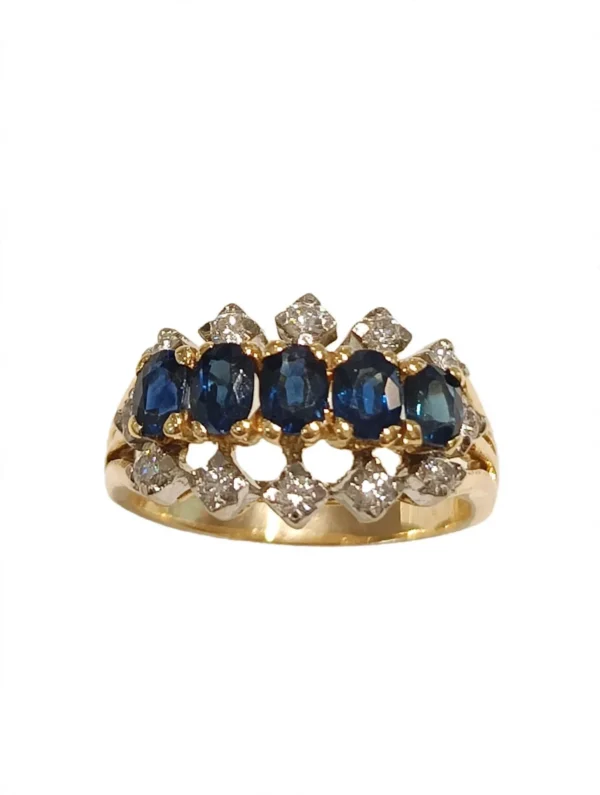 ANELLO ORO GIALLO 375 CON  ZAFF BLU TAGLIO OVALE  KT 0.60 E DIAMANTI KT 0.25+0.02 H/I VS